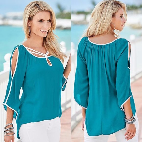 Venus Aqua Teal Blue Spring Summer Chiffon Casual Irregular Sleeve Top - Picture 2 of 8